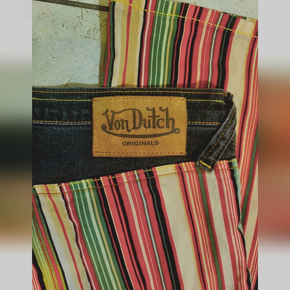 VON DUTCH Low-Rise Multi-Colored Striped Stretch Cotton Flare Jeans Size 29 x 38